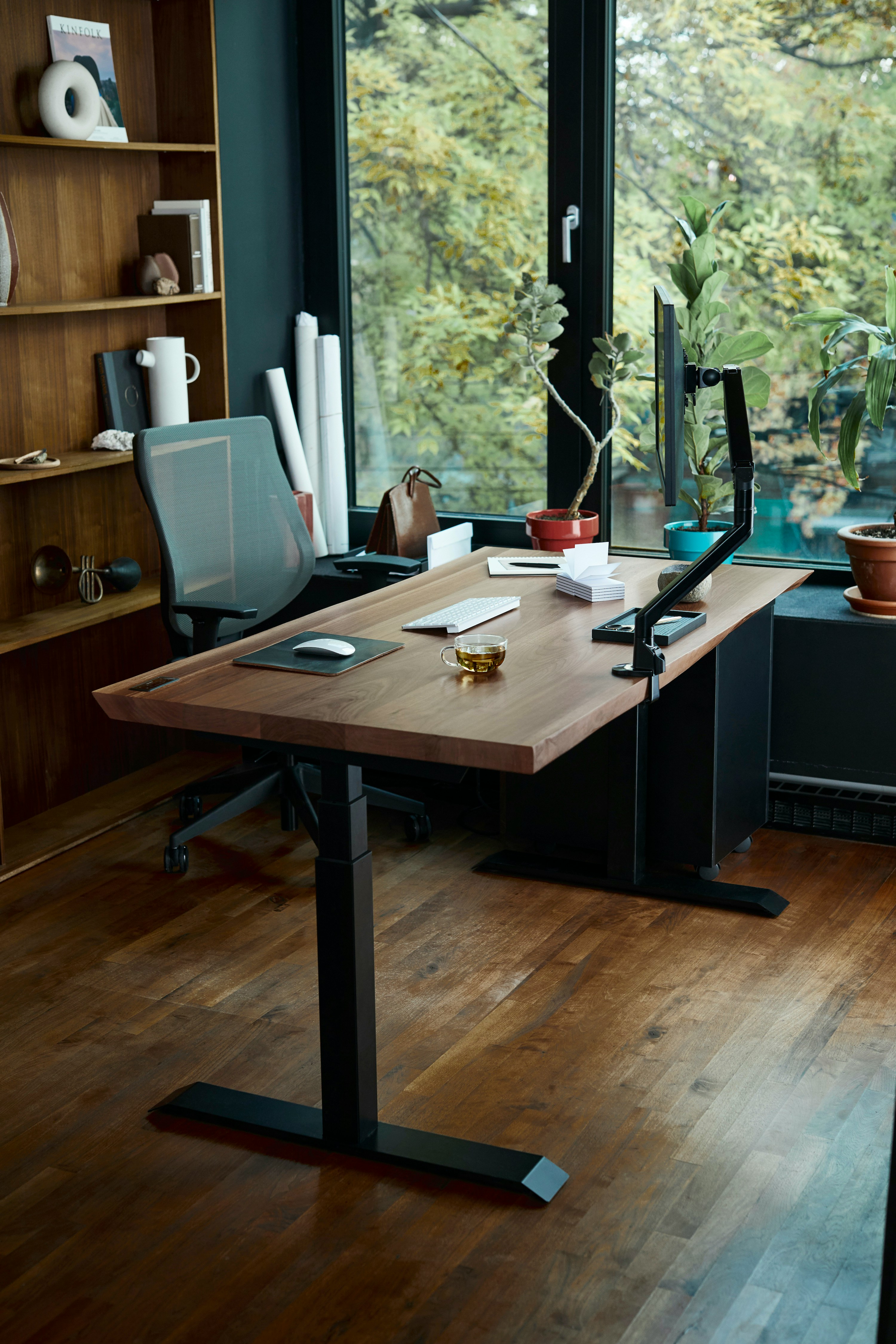 home office setup with monitor and natural light